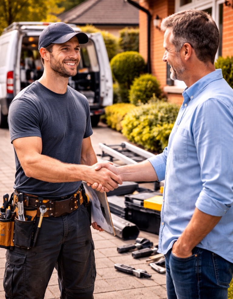 professional guttering orpington A tradesperson in a cap shakes hands with a smiling client outside a house.